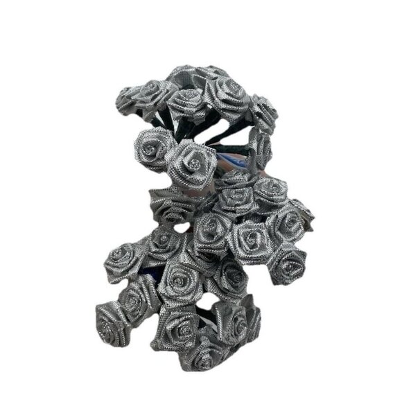 3 Bunches Small Silver Satin Shimmer Ribbon Roses Wire Stems for Crafts Nicole - Picture 1 of 7